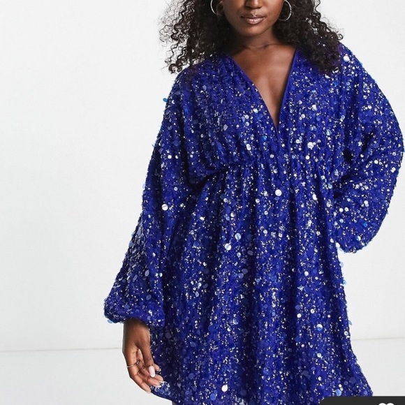 ASOS EDITION Royal Cobalt Blue Sequin Embellished Long Sleeve Faux Wrap Dress - Picture 2 of 12